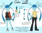  2019 anthro blue_body blue_fur blue_hair bottomwear breasts clothing digital_media_(artwork) eeveelution english_text eyelashes feet female fingers footwear fur galia_(sandwich-anomaly) glaceon hair hi_res looking_at_viewer model_sheet nintendo pok&eacute;mon pok&eacute;mon_(species) sandwich-anomaly shoes shorts simple_background solo spaceballs standing teal_eyes text video_games 