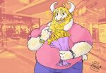  anthro asgore_dreemurr beard blonde_hair blue_eyes body_hair bouquet bovid caprine clock clothing cowlick date deltarune facial_hair flower goat hair hair_bun happibbear horn long_beard long_ears long_hair male mall mammal nervous orange_eyes overweight overweight_male plant ring simple_background small_tail solo speech_bubble sweater text topwear undertale undertale_(series) unknown_artist video_games watch 