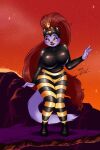  2:3 anthro big_breasts breasts clothing cosplay domestic_cat earthworm_jim_(series) felid feline felis female fur hair hi_res mammal peterandwhitney princess_what&#039;s-her-name purple_body purple_fur red_hair rubber rubber_clothing rubber_suit slightly_chubby solo whitney_(pnc) wide_hips 