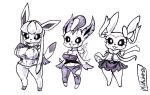  anthro big_breasts bottomwear breasts chest_tuft clothed clothing eeveelution female glaceon group leafeon milkibar00 monochrome nintendo nipple_outline pok&eacute;mon pok&eacute;mon_(species) pok&eacute;morph short_stack simple_background skirt solo sylveon trio tuft video_games white_background wide_hips 