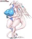  anthro big_breasts big_nipples blue-eyes_abyss_dragon blue_body blue_eyes blush breasts claws dragon duel_monster female girlsay hi_res konami looking_at_viewer multicolored_body nipples simple_background solo two_tone_body white_background white_body wide_hips wings yu-gi-oh 