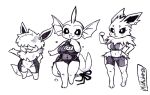  anthro big_breasts blush breasts clothed clothing eevee eeveelution female group hair hair_over_eyes jolteon milkibar00 monochrome nintendo one-piece_swimsuit open_mouth open_smile pok&eacute;mon pok&eacute;mon_(species) pok&eacute;morph school_swimsuit short_stack simple_background smile swimwear trio vaporeon video_games white_background 