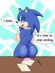  3:4 absurd_res anthro big_butt bloodred739 blue_body blue_fur butt crossgender desk female flirting_with_viewer fur furniture green_eyes hi_res mtf_crossgender sega solo sonic_the_hedgehog sonic_the_hedgehog_(series) 