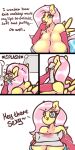  1:2 absurd_res anthro anthrofied big_breasts bimbofication breasts cleavage clothed clothing english_text equid equine feathers female fluttershy_(mlp) friendship_is_magic hasbro hi_res huge_breasts intelligence_loss lips lipstick makeup mammal my_little_pony pegasus slavedemorto solo text thick_lips towel water wings yellow_body yellow_feathers 