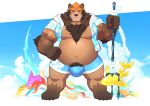  anthro belly blue_bottomwear blue_clothing blue_topwear bottomwear brown_body brown_fur bulge clothed clothing detailed_bulge eyebrows fur hair kulplant lingguang male mammal marine melee_weapon nipples notes_of_hearts one_eye_closed open_clothing open_topwear orange_hair overweight overweight_anthro overweight_male polearm pubes solo standing swimwear topwear trident ursid weapon 