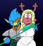  2021 anthro antlers armor avian axe beak berdly big_breasts bird blonde_hair blue_background blue_body blue_feathers bodily_fluids breasts brown_body brown_fur capreoline cervid clothed clothing crying deltarune duo duo_focus feathers female freckles fur gradient_background green_clothing group hair horn looking_at_viewer male mammal melee_weapon noelle_holiday orange_clothing red_eyes red_nose reindeer scared scouter shirtbusters simple_background tears undertale_(series) video_games weapon white_clothing wide_hips yellow_beak 