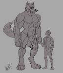  absurd_res animal_genitalia anthro balls canid canine canis genitals hi_res human justagoodboy larger_male male mammal muscular sheath size_difference wolf 