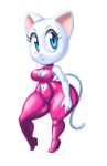  anthro blue_eyes bodysuit breasts cleavage cleavage_cutout clothed clothing domestic_cat felid feline felis female form_fitting fur mammal pink_clothing simple_background skinsuit solo tansau tight_clothing white_background white_body white_fur 