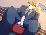  absurd_res anthro balls beverage chair cheddarcat clothing disney erection felid feline furniture genitals hi_res looking_at_viewer male mammal necktie pantherine penis shere_khan sitting solo suit talespin tiger window 