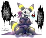  anthro anthrofied areola big_breasts black_body breasts clothing dialogue eeveelution english_text eyewear female glasses hair hi_res nintendo nipple_tape panties pasties pok&eacute;mon pok&eacute;mon_(species) pok&eacute;morph solo spread_legs spreading tape text the_lost_artist umbreon underwear video_games white_hair 
