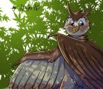  anthro avian beak bird brown_body brown_feathers claws feathers leaf male mellyarts orange_eyes owl shadow smile solo wayne_owl white_body white_feathers 