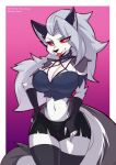  2021 absurd_res anthro black_body black_fur breasts canid canid_demon cleavage clothed clothing demon female fur grey_body grey_fur hellhound helluva_boss hi_res looking_at_viewer loona_(helluva_boss) mammal midriff multicolored_body multicolored_fur navel rook_kawa solo tongue tongue_out white_body white_fur 