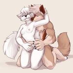  1:1 2021 5_fingers anthro areola breasts brown_body brown_fur canid canine digital_media_(artwork) eyes_closed feet female fingers fur hi_res male male/female mammal nipples seibear sex toes white_body white_fur 