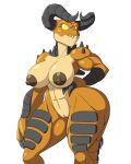  4:5 anthro areola bethesda_softworks big_breasts breasts brown_areola claws dark_areola deathclaw fallout female genitals hand_on_hip hi_res muscular muscular_anthro muscular_female nipples nude pose pussy simple_background solo spikes tansau video_games white_background yellow_eyes 