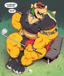  &lt;3 anthro armband big_bulge big_pecs bottomwear bowser bracelet bulge clothing collar detailed_bulge dialogue footwear golf_club green_body green_scales hair hand_on_hip hat headgear headwear horn jewelry koopa looking_at_another male mario_bros muscular muscular_anthro muscular_male nintendo offscreen_character open_mouth outside pantheradraws pecs red_hair scales scalie shell shirt shoes shorts sitting_on_bench sneakers solo speech_bubble spiked_armband spiked_bracelet spiked_collar spikes text text_on_clothing text_on_shirt text_on_topwear text_with_heart thick_thighs topwear video_games yellow_body yellow_scales 