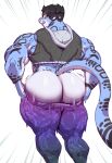  anthro big_butt blush bodily_fluids bottomwear bottomwear_pull butt clothed clothing clothing_pull clothing_too_small felid looking_back male mammal muscular muscular_anthro muscular_male pan_(sxfpantera) pantheradraws pantherine pants pants_pull rear_view snow_leopard solo struggling_to_fit sweat sweatdrop text text_on_bottomwear text_on_clothing 