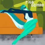  2021 album_cover anthro breasts cleavage clothed clothing cover featureless_breasts female furniture ghostmussa_(artist) green_body green_scales hi_res lizard reptile rita_skopt scales scalie sitting sofa solo 
