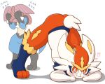  &lt;3 2021 5:4 acky05 ambiguous_gender anthro ass_up blush butt cinderace covering covering_eyes covering_face duo ears_down flustered fur hi_res jack-o&#039;_pose looking_at_viewer lucario lying nintendo on_front pivoted_ears pok&eacute;mon pok&eacute;mon_(species) pose simple_background smile spikes spikes_(anatomy) standing tuft video_games white_background 