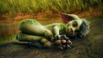  16:9 2021 3d_(artwork) anthro butt claws digital_media_(artwork) dirty_feet ear_piercing facial_piercing feet female foot_focus foot_grab genitals goblin grass green_body green_skin gvarrsogul hi_res humanoid hyper_ears looking_at_viewer lying mammal mud nose_piercing nose_ring not_furry nude outside pawpads piercing plant pussy smile solo tchaikovsky2 toes widescreen 