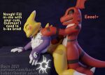  2021 3d_(artwork) anthro bacn bandai_namco big_breasts blush bodily_fluids breasts canid canine claws clothed clothing cum cum_in_pussy cum_inside dialogue digimon digimon_(species) digital_media_(artwork) duo english_text erection female fox from_behind_position fur genital_fluids genitals guilmon impregnation impregnation_request internal knot knotting male male/female male_penetrating mammal markings nude open_mouth ovum partially_clothed penetration penile penis renamon scalie sex simple_background smile sperm_cell text url vaginal vaginal_penetration white_body white_fur yellow_body 