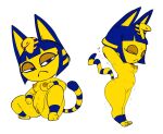  2021 animal_crossing ankha_(animal_crossing) anthro blue_hair breasts crouching domestic_cat egyptian eyes_closed felid feline felis female front_view frown genitals hair hands_behind_head hexanne looking_at_viewer mammal markings narrowed_eyes nintendo nipples nude pussy side_view simple_background solo squint standing stretching striped_markings striped_tail stripes tail_markings video_games white_background yellow_body 