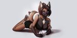  2:1 4_toes 5_fingers anthro artist_name biped black_body black_bra black_clothing black_ears black_fur black_hair black_markings black_minishorts black_nose black_underwear blue_eyes bottomwear bra breasts brown_body brown_fur claws cleavage clothed clothing controller feet female finger_claws fingers fur gaming hair highlights_(coloring) holding_controller holding_object hotpants hyaenid inner_ear_fluff leg_markings lying mammal markings minishorts multicolored_tail on_front pawpads pinup playing_videogame ponytail pose sadbitch short_tail shorts simple_background smile socks_(marking) solo tan_body tan_fur tan_inner_ear teeth toe_claws toes tuft underwear white_background white_highlights 