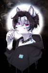  2021 5_fingers ambiguous_gender anthro black_hair clothed clothing collar digital_media_(artwork) felid feline fingers hair hi_res mammal moddish purple_eyes smoking solo 