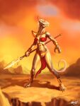 3:4 3_toes 4_fingers abs absurd_res ankle_band anthro argus_del_norte armor blurred_background bottomwear bra breasts cliff clothing feet female fingers hair hi_res holding_object holding_spear holding_weapon horn lizard loincloth looking_at_viewer markings melee_weapon mostly_nude muscular muscular_female navel non-mammal_breasts official_art outside pauldron polearm pupils red_bra red_clothing red_underwear reptile scalie slit_pupils solo spear spots spotted_markings telestians toes underwear warrior watermark weapon white_hair wristband yellow_eyes 
