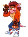  2021 3:4 activision anthro bandicoot biped black_nose bottomwear clothing crash_bandicoot crash_bandicoot_(series) fur humanoid_hands lewdookami mammal marsupial orange_body orange_fur pants simple_background solo tongue tongue_out video_games white_background 