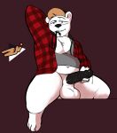  absurd_res anthro balls bearvan bodily_fluids clothing erection fur genital_fluids genitals hair hi_res joushi looking_at_viewer male mammal obese overweight penis pinup polar_bear pose simple_background slightly_chubby solo ursid ursine 