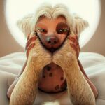  1:1 3d_(artwork) amber_(bear) american_black_bear anthro bed black_bear canid canine canis chinese_crested_dog claws digital_media_(artwork) domestic_dog duo feet female female/female foot_focus foot_on_face furniture hair hairless hairless_dog hi_res jinjing-yu looking_at_viewer mammal nipples on_bed paws smile tchaikovsky2 toy_dog ursid ursine white_hair 