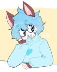  anthro awkwardjupiter blue_eyes blue_hair canid canine canis clothing domestic_dog garreth_(thedgamesd) girly hair head_on_hand husky male mammal nordic_sled_dog soft solo spitz sweater topwear 