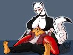  absurd_res anthro anthro_on_anthro batartcave big_breasts breasts choker cleavage clothed clothing ear_piercing ear_ring female hi_res jewelry keiko_tachibana male male/female mammal mustela mustelid musteline necklace piercing true_musteline white_body 