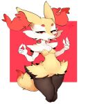 anthro braixen breasts butt female foxialist half-closed_eyes hi_res inner_ear_fluff looking_at_viewer narrowed_eyes nintendo open_mouth pok&eacute;mon pok&eacute;mon_(species) small_breasts solo standing thick_thighs tuft video_games yellow_body 