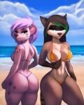  4:5 anthro aozee beach big_butt bikini bikini_thong breasts butt canid canine canis clothing digital_media_(artwork) duo ear_piercing ear_ring female hyaenid mammal piercing seaside shaded swimwear wolf 