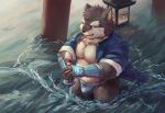  anthro asian_clothing belly bulge bvtehhvgodibba7 canid canine canis clothed clothing domestic_dog east_asian_clothing fundoshi japanese_clothing katana lifewonders male mammal melee_weapon moritaka musclegut open_clothing open_shirt open_topwear partially_submerged pecs shirt solo sword tokyo_afterschool_summoners topwear underwear video_games water weapon 