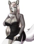  anthro big_breasts breasts bridge_piercing canid canine cleavage clothed clothing dress ear_piercing ear_ring facial_piercing female hi_res lip_piercing lip_ring mammal nose_piercing piercing reina. septum_piercing simple_background solo white_background wide_hips 