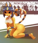  animal_crossing ankha_(animal_crossing) ankha_zone anthro bottomless bottomless_female breasts clothed clothing domestic_cat egyptian felid feline felis female hi_res mammal metonka nintendo open_mouth solo thick_thighs video_games yellow_body 