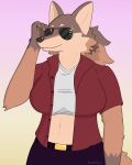  2021 4:5 absurd_res adjusting_glasses anthro brown_body brown_fur canid canine canis cheek_tuft clothed clothing coyote digital_drawing_(artwork) digital_media_(artwork) eyewear facial_tuft female fur hair half-length_portrait hi_res inner_ear_fluff mammal midriff multicolored_body multicolored_fur multicolored_hair portrait red_clothing simple_background solo sunglasses sunset tuft whitev 