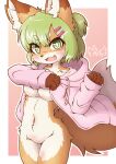  2021 4_fingers accessory acky05 anthro big_breasts blush bottomless breasts brown_body brown_fur canid canine clothed clothing dipstick_ears dipstick_tail featureless_crotch female fingers fluffy fluffy_tail fox fur gloves_(marking) green_eyes green_hair hair hair_accessory hairclip hi_res hoodie hoodie_only inner_ear_fluff kemono looking_at_viewer mammal markings mostly_nude multicolored_body multicolored_ears multicolored_fur multicolored_tail navel open_mouth portrait short_hair signature solo tail_markings tan_body tan_fur three-quarter_portrait tongue topwear topwear_only translated_description tuft under_boob white_body white_fur 