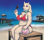  anthro big_breasts boss_monster bovid breasts caprine clothed clothing female fur goat hi_res horn jewelry mammal mature_anthro mature_female necklace purple_eyes smile solo swimwear toriel tussamag undertale undertale_(series) video_games white_body white_fur 