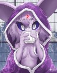  anthro anthrofied bedding blanket blue_sclera chandelure container cup eeveelution espeon female forehead_gem looking_at_viewer nintendo nude pok&eacute;mon pok&eacute;mon_(species) pok&eacute;morph raining rilex_lenov solo steam video_games 