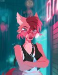  2021 absurd_res anthro blue_eyes breasts building canid canine clothed clothing crossed_arms detailed_background digital_media_(artwork) eyewear female fox fur glasses hi_res hydrabb looking_at_viewer mammal midriff neon_sign outside pink_body pink_fur raining sign signature solo 