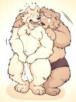  2014 anthro belly brown_body brown_fur canid canine canis clothing cute_fangs domestic_dog duo embrace fur hug hugging_from_behind kemono male male/male mammal moobs nipples overweight overweight_male simple_background suishou0602 towel underwear ursid 