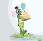  2021 amphibian anthro balloon birthday_cake cake candle clothing dessert digital_media_(artwork) enginetrap featureless_crotch food frog grass green_body hat headgear headwear hi_res inflatable light lighting lily_pad mostly_nude outside plant shaded solo top_hat walking water 