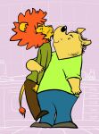  2014 anthro belly biped black_nose bottomwear clothing duo embrace felid hair hug humanoid_hands inside kitchen lion male male/male mammal orange_hair osos pantherine pants shirt slightly_chubby standing topwear ursid yellow_body 