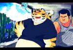  2014 anthro belly black_bars bodily_fluids clothing duo felid human inside kemono koto_(pixiv_2766446) letterbox male mammal one_eye_closed overweight overweight_male pantherine shirt sweat tiger topwear yellow_body 