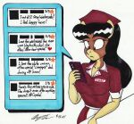  anthro apron black_hair cellphone clothing crystal_(oc) english_text equid equine fan_character female hair hasbro hat headgear headwear hi_res horse mammal my_little_pony newyorkx3 phone pony smartphone text text_on_clothing unamused waiter waitress_outfit 