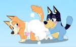  anthro bandit_heeler blue_body blue_fur bluey_(series) blush butt canid canine canis chilli_heeler clean_diaper diaper diaper_fetish digital_media_(artwork) domestic_dog duo fangy29 feet female fur male male/female mammal simple_background smile tongue 