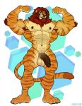  2021 abs abstract_background anthro arm_tuft armpit_hair balls bangs barazoku beard biceps big_muscles body_hair eyebrows facial_hair felid flaccid flexing front_view fur genitals hi_res huge_muscles humanoid_genitalia humanoid_penis hybrid kihu liger lion looking_at_viewer male mammal mane muscular muscular_anthro muscular_male navel nipples nude obliques pantherine pecs penis quads simple_background smile solo standing stripes tiger tuft vein 